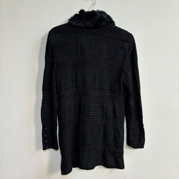 Escada VTG Wool Blend Fur Collar Cardigan Sweater Womens 38 Black Waffle Thermal - Picture 4 of 10